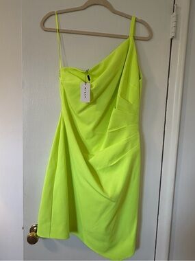 Milly Neon Lime One-Shoulder Draped Slip Dress
